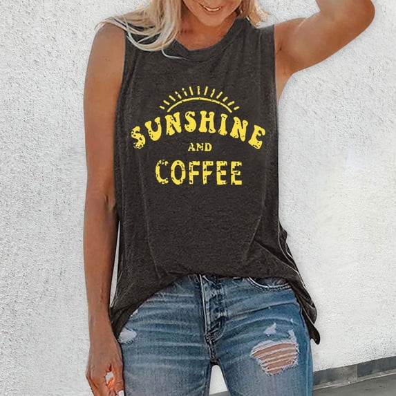 QHWAUAKFBN T Shirts For Women Graphic Tank Sunshine Coffee Print Crew Neck Sleeveless Tshirts Top