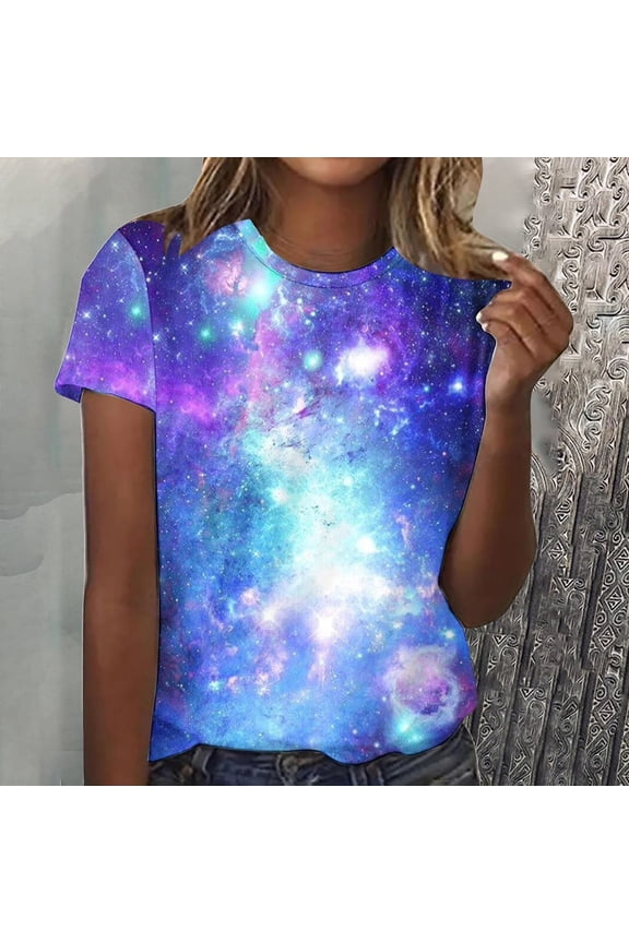 T Shirts For Women Graphic Title: Galaxy Print Round Neck Short Sleeve Tshirts Top