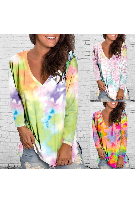 T Shirts For Women Loose Fit Loose V Neck Colorful Tie Dye Printed Long Sleeve Printed Tshirts Top
