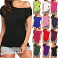 thumbnail image 1 of QHWAUAKFBN T Shirts For Women Loose Fit Off Shoulder Solid Color Irregular Short Sleeve Tshirts Top, 1 of 6