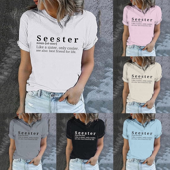 QHWAUAKFBN T Shirts For Women Loose Fit Seester Short Sleeved Pullover Round Neck Tshirts Top