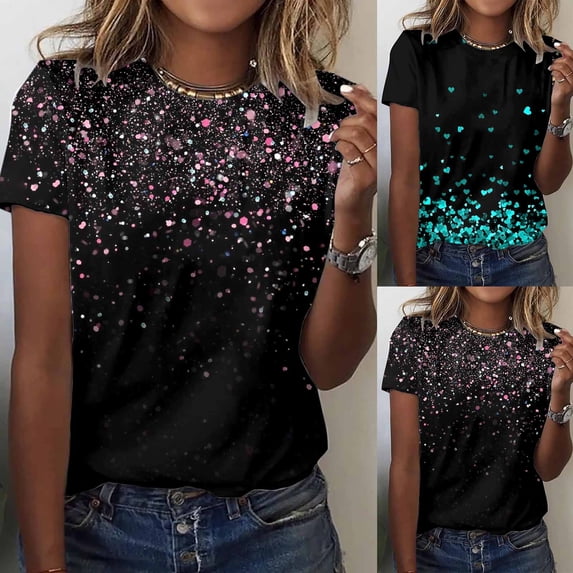 QHWAUAKFBN T Shirts For Women Loose Fit Shirt Short Sleeve Round Neck Printed Elegant Loose Soft Blouse Tshirts Top