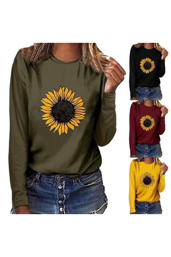 T Shirts For Women Loose Fit Sunflower Print O-Neck Long Sleeve Pullover Sweatshirt Blouse Tshirts Top