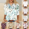 thumbnail image 1 of QHWAUAKFBN T Shirts For Women Loose Fit V Neck Colorful Gradient Geometric Print Button Three Quarter Sleeve Tshirts Top, 1 of 4