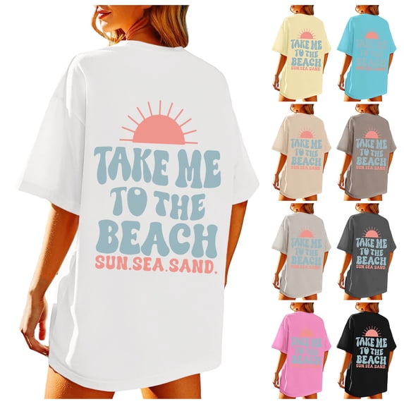 QHWAUAKFBN T Shirts For Women Trendy Graphic Beach Oversized Graphic Tees Vintage Baggy Shirts Summer Cotton Vacation Tshirts Top
