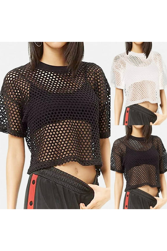 T Shirts For Women Trendy Graphic Mesh Cover Up See Through Fishnet Crop Tshirts Top