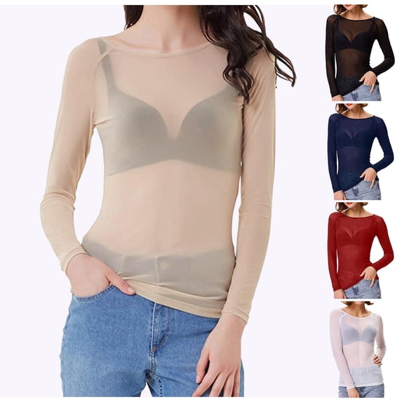 QHWAUAKFBN T Shirts For Women Trendy Graphic See Through Long Sleeve Seamless Arm Mesh Shirt Blouse Tshirts Top