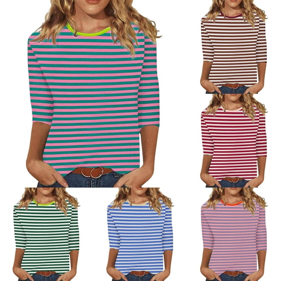 QHWAUAKFBN T Shirts For Women Trendy Graphic " Striped 3/4 Sleeve Tee Comfort Fit Crewneck Everyday Wear" Tshirts Top