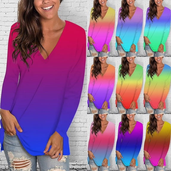 QHWAUAKFBN T Shirts For Women Trendy Graphic Summer Long Sleeve Tie-Dye V-Neck Blouse Tshirts Top