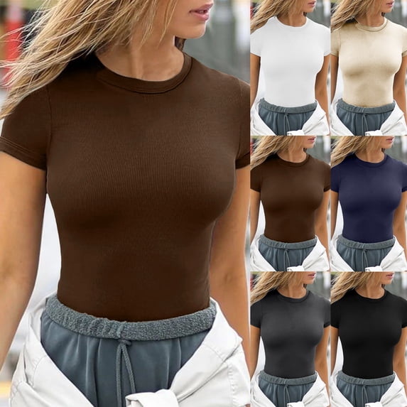 QHWAUAKFBN T Shirts For Women Trendy Graphic Summer Short Sleeve O Neck Ribbed Slim Fitted Shirts Tee Tshirts Top