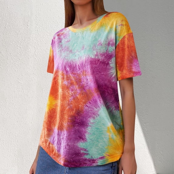QHWAUAKFBN T Shirts For Women Trendy Graphic Tie Dye Shirt Short Sleeve Round Neck Tees Summer Tshirts Top