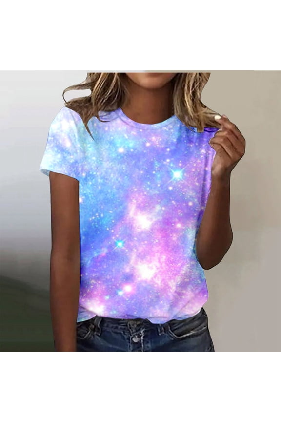 T Shirts For Women Trendy Graphic Title: Galaxy Print Round Neck Short Sleeve Tshirts Top
