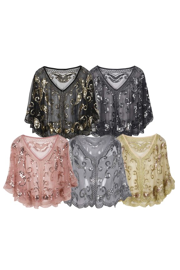 T Shirts For Women Trendy Loose Fit 920S Shawl Beaded Sequin Deco Evening Cape Bolero Flapper Cover Up Tshirts Top