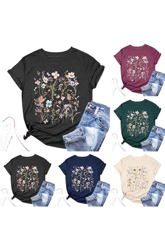 T Shirts For Women Trendy Loose Fit Floral Print Short T Crew Neck Short Sleeve Tshirts Top