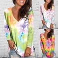 thumbnail image 1 of QHWAUAKFBN T Shirts For Women Trendy Loose Fit Loose V Neck Colorful Tie Dye Printed Long Sleeve Printed Tshirts Top, 1 of 4