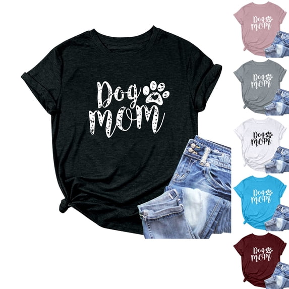 QHWAUAKFBN T Shirts For Women Trendy Loose Fit Print Cute Cute Dog Mom Short Sleeve Tshirts Top