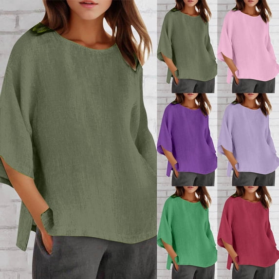 QHWAUAKFBN T Shirts For Women Trendy Loose Fit Summer 3 Of 4 Sleeve Crew Neck Floral Printed Loose Linen Tunic Tee Blouse Tshirts Top