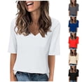 thumbnail image 1 of QHWAUAKFBN T Shirts For Women Trendy Loose Fit Summer Half Sleeve V Neck Shirts Loose Fit Printed Elbow Length Sleeve Blouses Tshirts Top, 1 of 6