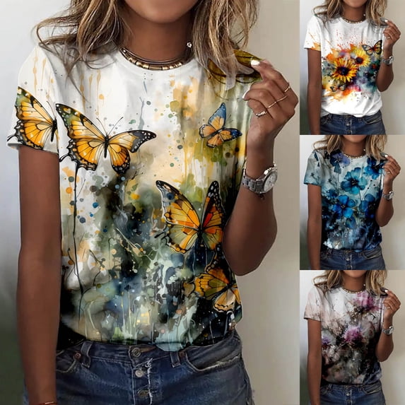 QHWAUAKFBN T Shirts For Women Trendy Loose Fit Summer Round Neck Short Sleeve Flower Butterfly Print Tshirts Top
