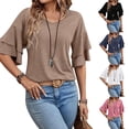 thumbnail image 1 of QHWAUAKFBN T Shirts For Women Trendy Loose Fit Summer Solid Color V Neck Tee With Double Layer Flared Mid Sleeves Loose Fit Tshirts Top, 1 of 6