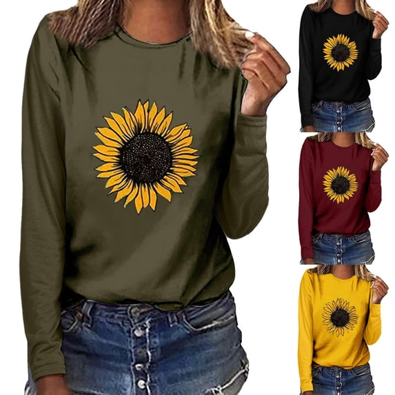 QHWAUAKFBN T Shirts For Women Trendy Loose Fit Sunflower Print O-Neck Long Sleeve Pullover Sweatshirt Blouse Tshirts Top