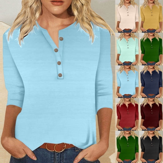 QHWAUAKFBN T Shirts For Women Trendy Loose Fit V Neck Colorful Shiny Geometric Print Button Three Quarter Sleeve Tshirts Top