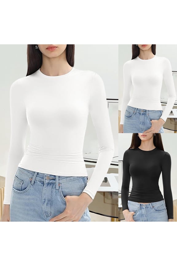 T Shirts For Women Trendy ’S Slim Long Sleeve Round Neck Crop Tee Shirt Basic Solid Tight Slim Fit Cropped Shirt Workout Yoga Tshirts Top