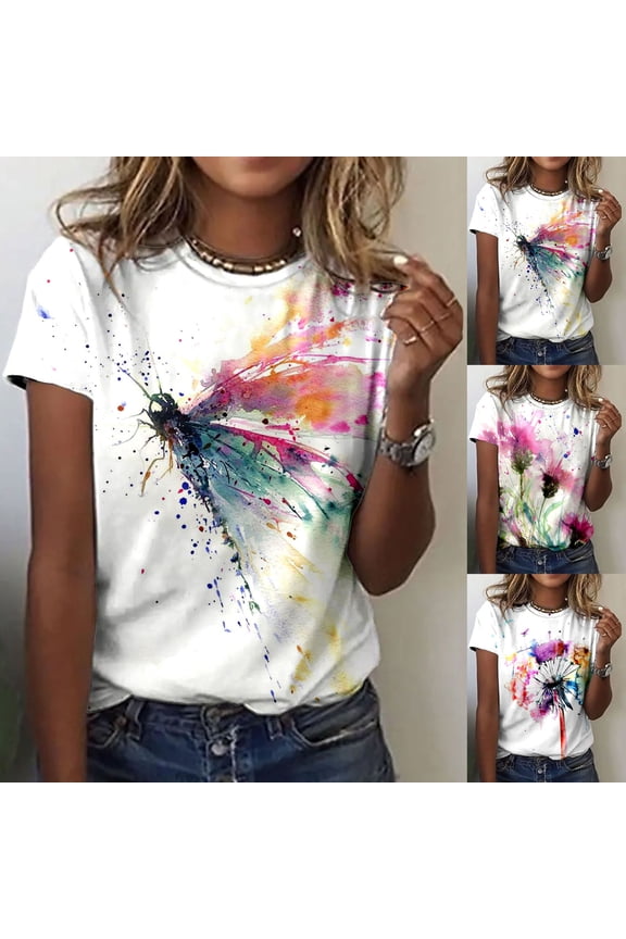 T Shirts For Women Trendy Tunic Round Neck Printed Shirt Short Sleeve Blouse Tshirts Top
