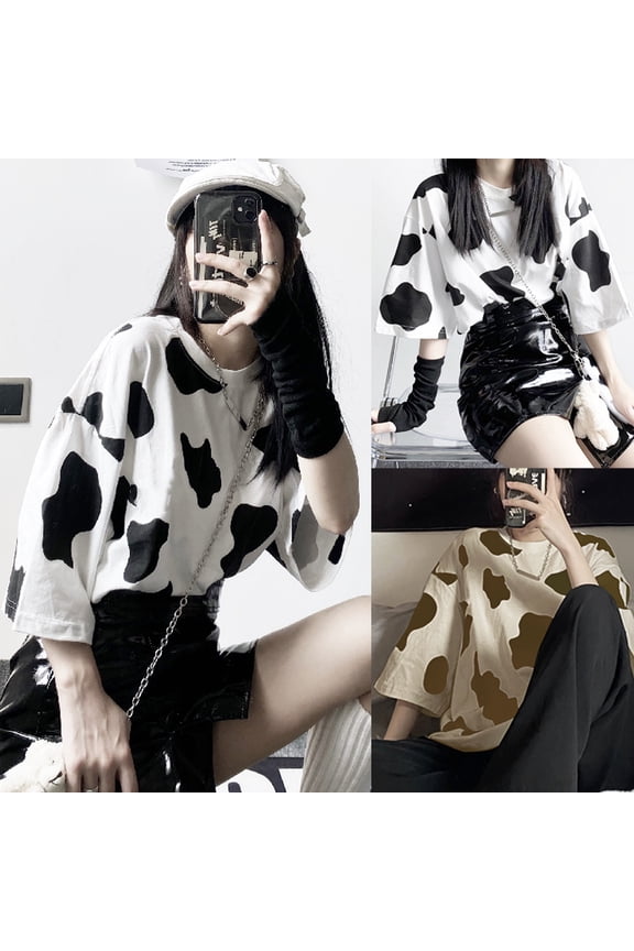 Womens T Shirts Graphic Cow Print Oversized Loose Short Sleeve Streetwear Tshirts Top