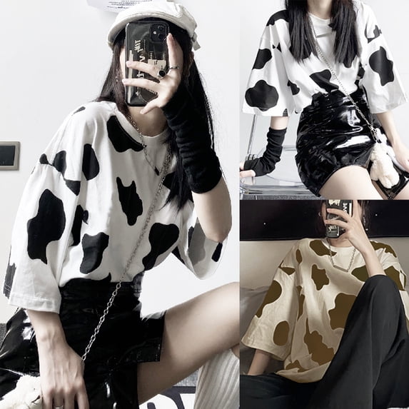 QHWAUAKFBN Womens T Shirts Graphic Cow Print Oversized Loose Short Sleeve Streetwear Tshirts Top