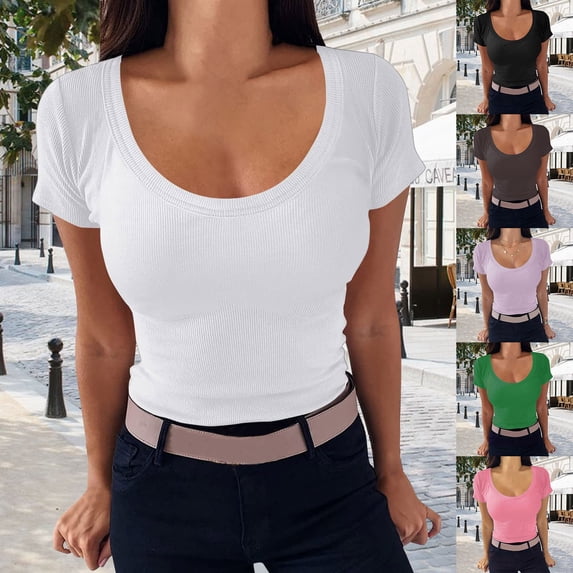 QHWAUAKFBN Womens T Shirts Graphic Crew Neck Short Sleeve Slim Fit Collection Ribbed Knit Tshirts Top