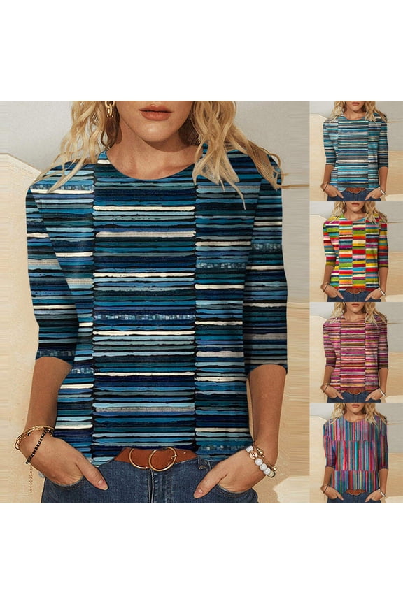 Womens T Shirts Graphic Daily Vintages Day Print O Neck Three Quarter Sleeve Round Neck Tee Shirt Printed Flower Loose Side Split Blouse Tunic Tshirts Top