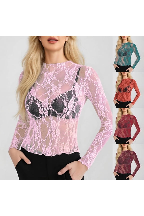 Womens T Shirts Graphic Mesh Long Sleeve Neck Sheer Blouse See Through Floral Lace Tshirts Top