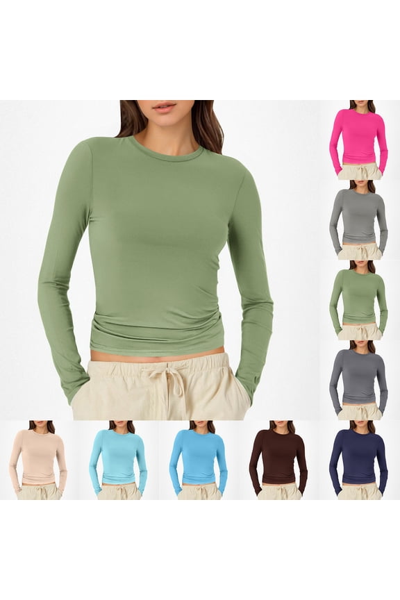 Womens T Shirts Graphic ’S Long Sleeve Round Neck Crop Tee Shirt Basic Solid Tight Slim Fit Cropped Shirt Workout Yoga Tshirts Top