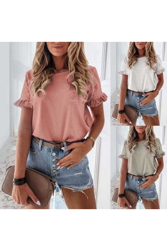 Womens T Shirts Graphic Short Sleeve Summer Ruffle Plain Round Neck Loose Fit Tee Blouse Tshirts Top