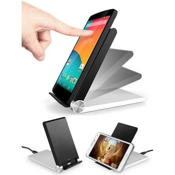 WIRELESS CHARGER STAND, SILVER BLACK 3-COIL CHARGING PAD FOLDING ADJUSTABLE STAND FOR PHONE