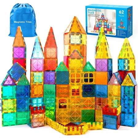 QIAHO Magnetic Tiles Toddler Toys 62 PCS Colorful Magnetiles Building Blocks STEM Toys for Boys & Girls Preschool Learning
