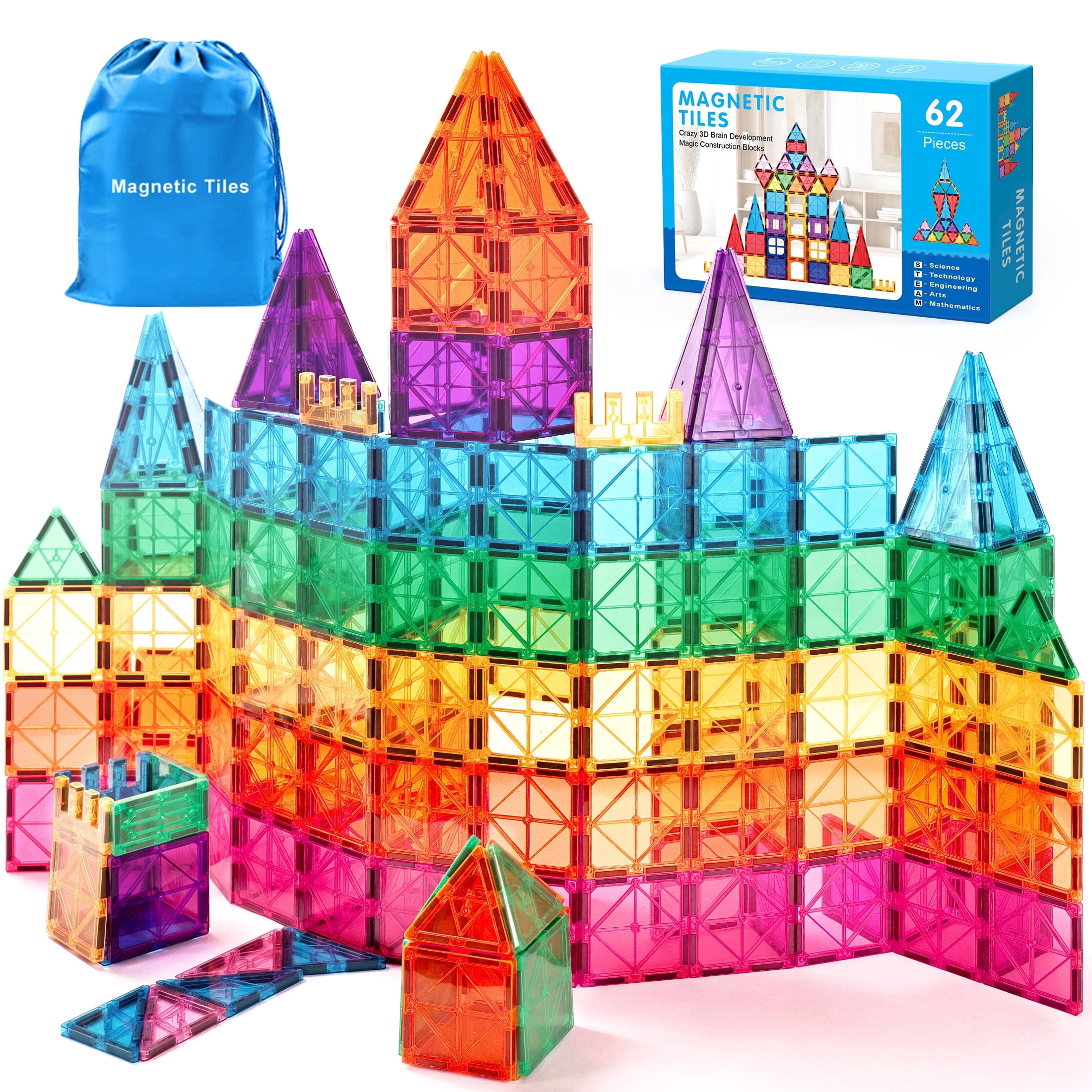 QIAHO Magnetic Tiles Toddler Toys 62 PCS Colorful Magnetiles Building ...