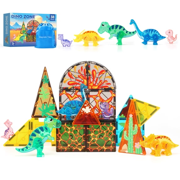 QIAHO Magnetic Tiles for Kids Dinosaur Toys Building Blocks Dino World Magnetiles Toddler Toys STEM Learning Toy for Boys Girls
