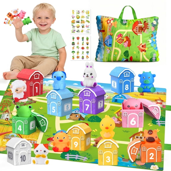 QIAHO Montessori Toys for Toddlers, 20Pcs Farm Toys with Storage Bags/Playmat Counting, Matching, Sorting Preschool Learning Toy including 10 Animal Finger Puppets Birthday Gift for Kids