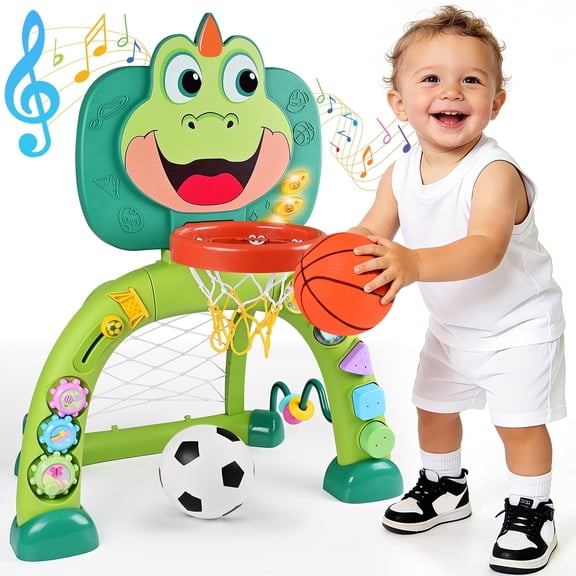 QIAHO Toddler Basketball Hoop & Soccer Goal, 2 in 1 Dinosaur Baby Activity Center Toys with 30+ Sound Music, Indoor & Outdoor Sport Toys Birthday Gifts for Baby Boys Girls Ages 3+