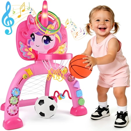 QIAHO Toddler Basketball Hoop & Soccer Goal, 3 in 1 Fantasy Baby Activity Center Toys with Ring Toss, 30+ Sound Music, Indoor & Outdoor Sport Toys Birthday Gifts for Girls Boys Ages 1-3