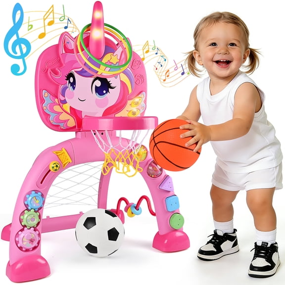 QIAHO Toddler Basketball Hoop & Soccer Goal, 3 in 1 Fantasy Baby Activity Center Toys with Ring Toss, 30+ Sound Music, Indoor & Outdoor Sport Toys Birthday Gifts for Girls Boys Ages 1-3