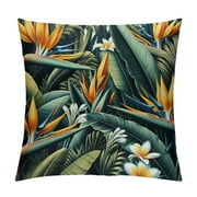 QIANCHENG  Tropical Green Decorative Pillow Covers 20x20 Inch Set of 2, Beautiful Floral Exotic with Tropical Flowers Palm Leaves Cushion Throw Pillow Covers Outdoor Sofa Couch Bed Decor Pillowcase