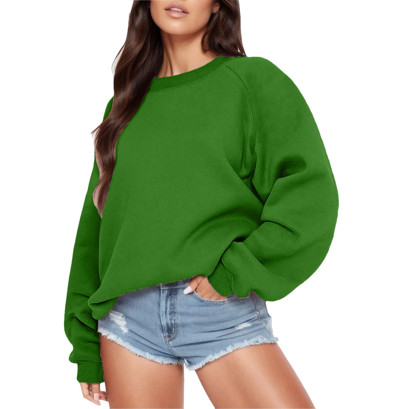 QIANGONG Crew Neck Sweatshirts Women Solid Long Sleeve Oversize