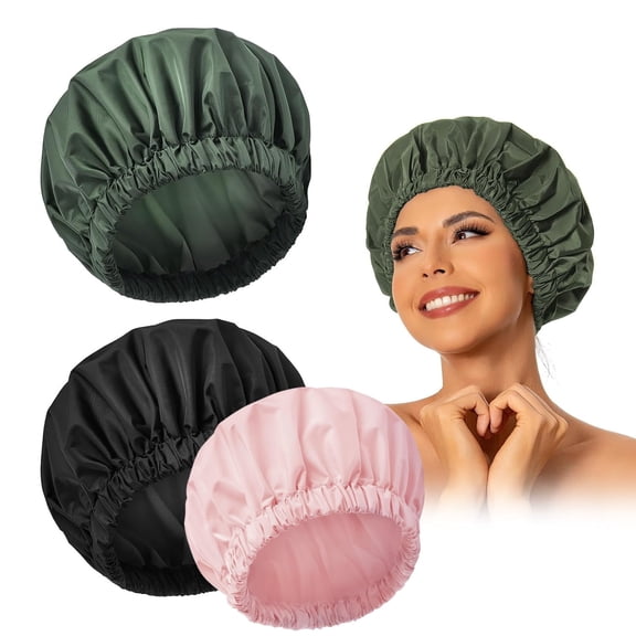 QIANJI 3pack Reusable Shower Cap for Women,Large Waterproof Shower Bonnet Washable Elastic Band Bath Hair Hat for Long Hair,Braids Green black pink