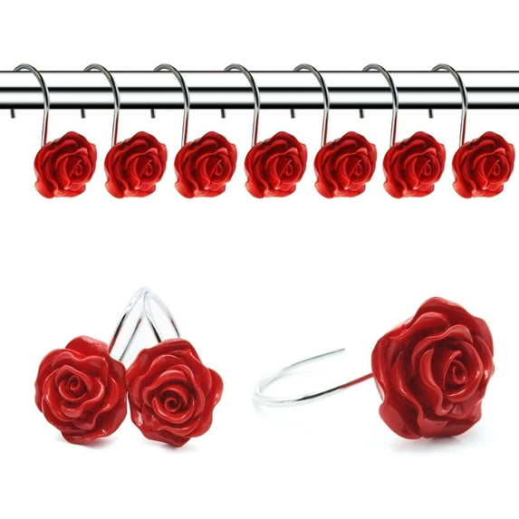 QIANJIA 12 PCS Home Fashion Decorative Anti Rust Shower Curtain Hooks Rose Design Shower Curtain Rings Hooks (RED)
