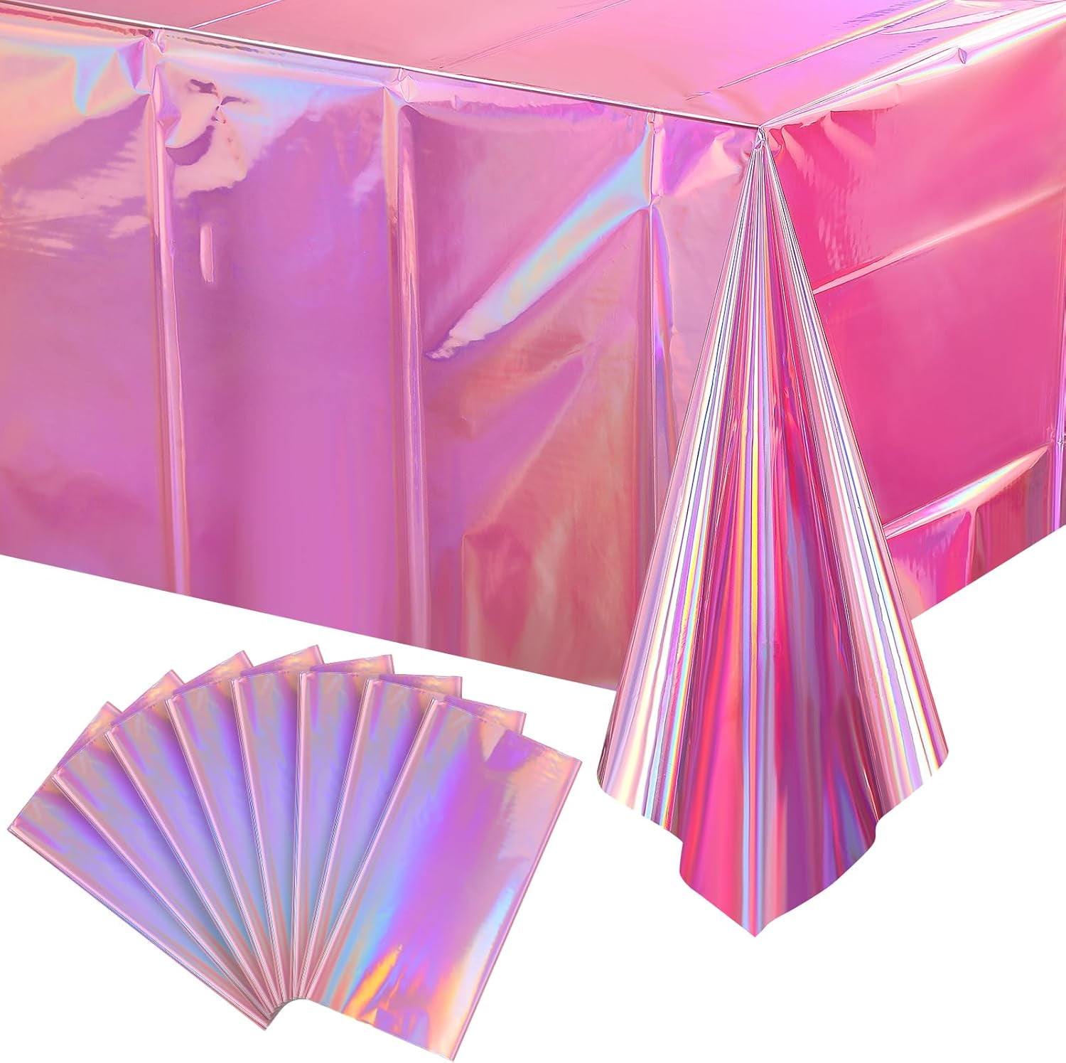 QIANJIA 4 Pack Iridescent Pink Plastic Tablecloths Shiny Disposable Laser Rectangle Table Covers,Holographic Foil Tablecloth Iridescent Party Decorations for Birthday Wedding Christmas, 54x108Inch