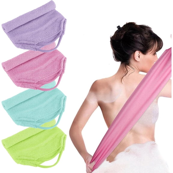 QIANJIA 4pcs Exfoliating Back Washers Scrub with Handles Japanese Body Scrubber Cloth Towel Nylon Back Exfoliator Extended Washers Stretchable Body Bath Pull Strap for Cleans Skin Massages Shower