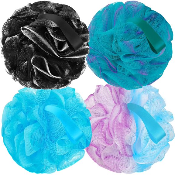QIANJIA Bath Loofah Sponge Body Scrubber Shower Sponge Exfoliating Mesh Pouf Shower Ball Bath Sponges for Women and Men Bathing Accessories (4Pack 50G Colorful)